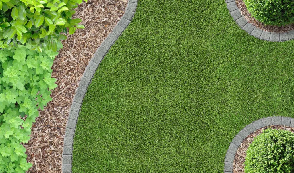 An aerial overhead image of a green lawn and landscaping in a garden